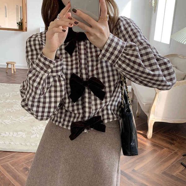 

blouses spring retro gentle bow blouses plaid streetwear office lady casual chic all match stylish shirts, White