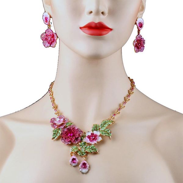 

earrings & necklace chran luxury pink flower set for women trend gold color crystal wedding jewelry, Silver