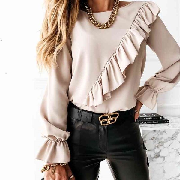 

women's knits & tees long sleeve blouse women spring white o neck casual office female ruffle decor solid color comfy chic pu