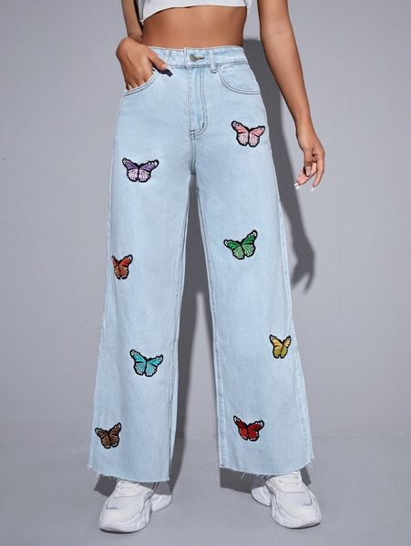 

high waisted butterfly embroidery wide leg jeans w4zd#, Blue