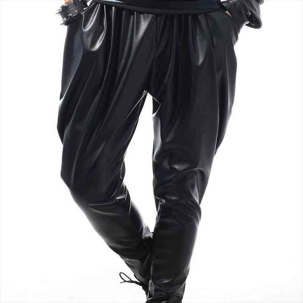 

version fashion brand hip hop personality performance sweatpants male trousers stage faux leather harem pants, Black