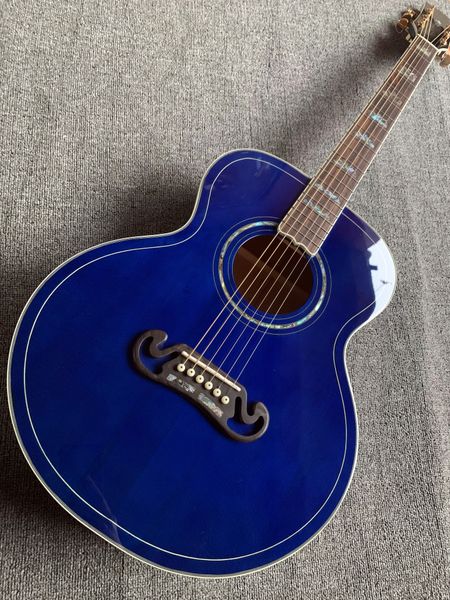 

new 2022 43" 6-string acoustic guitar blue. spruce veneer and tiger maple back and sides, rosewood fretboard abalone inlay.