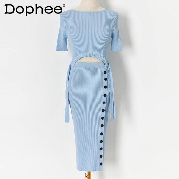 

casual dresses 2021 spring autumn hollow waist slim button split maxi knitted dress for women round-neck long-sleeved bodycon, Black;gray