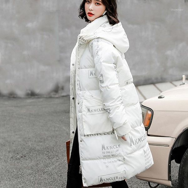 

women's down & parkas the glossy printing letters jacket in 2021 cotton long winter ins thick coat, Black