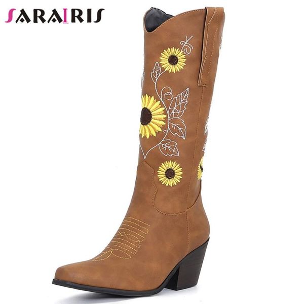 

boots sarairis vintage for women 2021 solid flower slip on chunky heel western style design quality casual shoes, Black