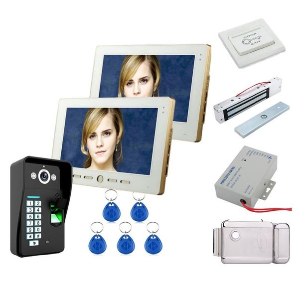 

home security 10" lcd 2 monitor fingerprint recognition rfid password video door phone intercom system kit+electronic locks set phones