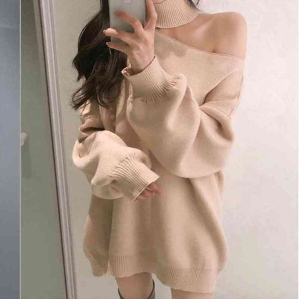 

oversized knitted women halter womens sweater turtleneck knitt winter jumper korean pullover cold shoulder clothes loose outerwear v966, White;black