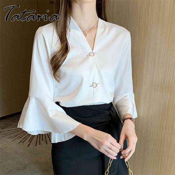 

spring fashion button up satin silk shirt vintage v neck blouse women elegant white lady butterfly sleeves female shirts 210514