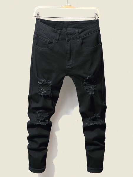 

men ripped zipper fly skinny jeans 98mn#, Blue