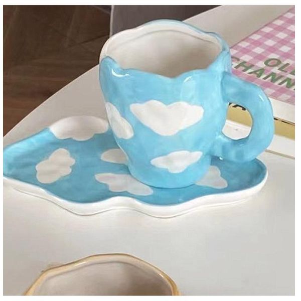 

mugs nordic ins style hand-held cup hand-painted blue sky and white clouds ceramic afternoon tea center plate breakfast milk