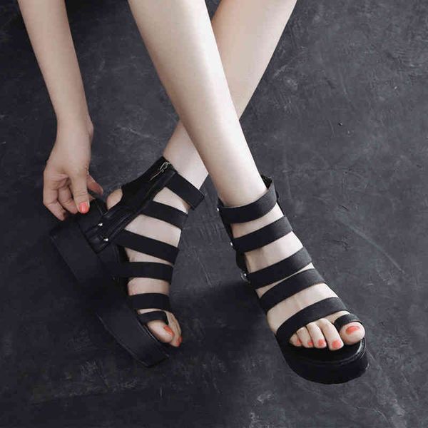 

dress shoes ymechic rivet black platform gladiator sandals women narrow band punk goth rome high heels wedges summer womans 35-40 rm1w