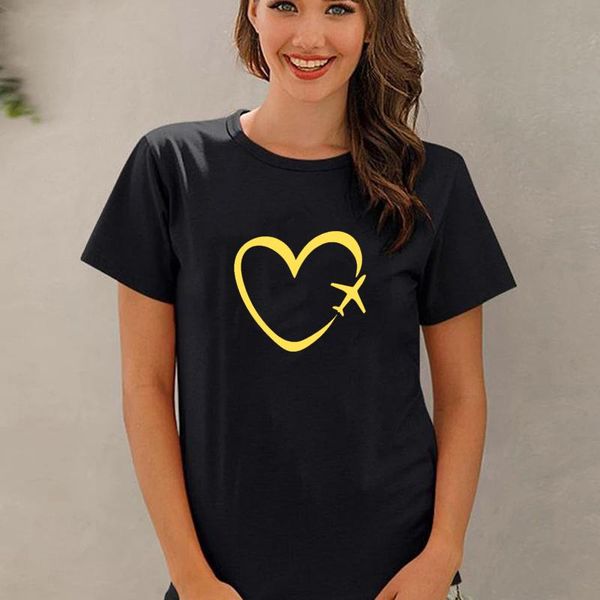 

travel plane love heart summer graphic tees women short sleeve holiday t-shirt female casual cotton clothes ropa de mujer women's, White