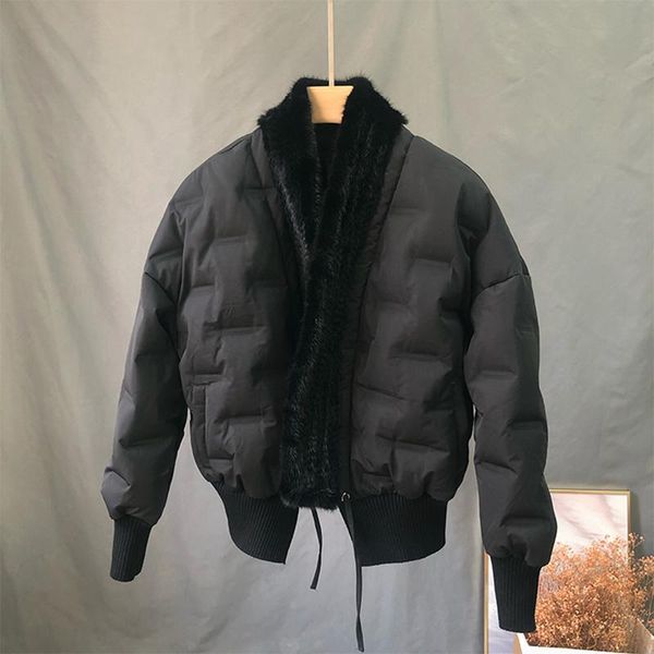 

women's fur & faux duck down jacket with natural knitted mink collar trim winter warm loose size, Black