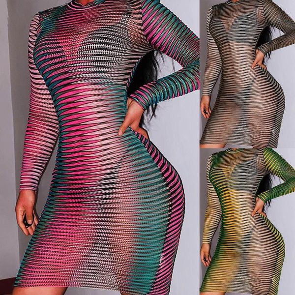 

casual dresses mesh transparent mini dress bodycon women long sleeve striped sheer clubwear night party fashion slim, Black;gray