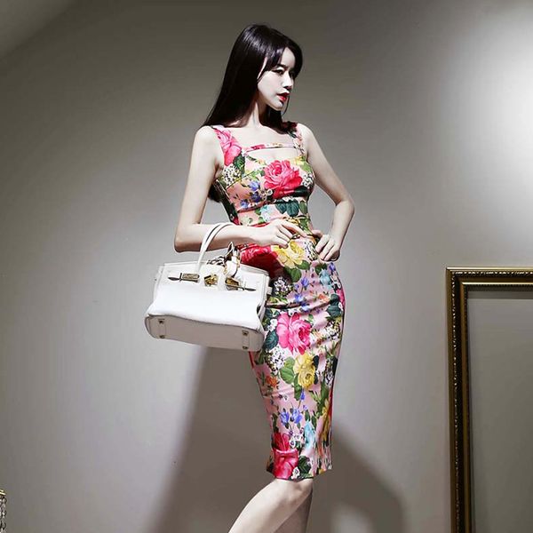 

casual dresses summer women spaghetti strap printed floral pencil slim square collar bodycon office lady sheath sashes 5fc5, Black;gray