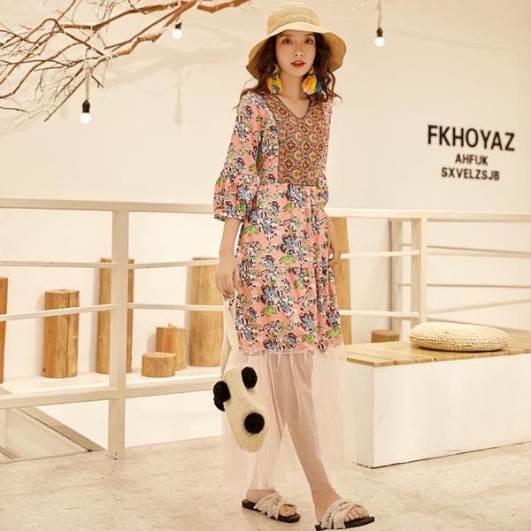 

casual dresses women's clothing summer fashion v-neck printing mesh patchwork dress three-quarter sleeves bohemian beach female, Black;gray