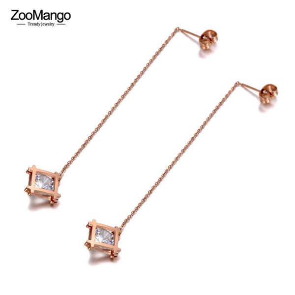 

dangle & chandelier zoomango titanium stainless steel cz crystal square tassel earrings jewelry rose gold ear line for women ze20006, Silver
