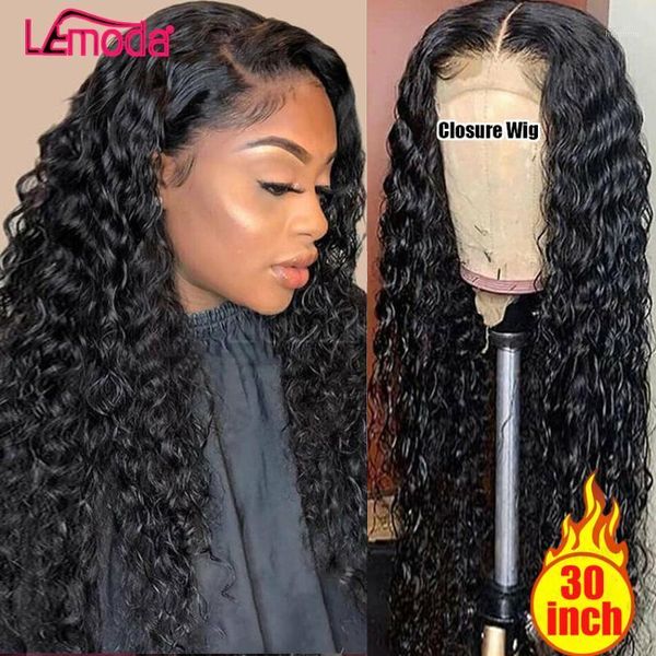 

inch water wave wig brazlian closure deep part hairline lemoda remy pre plucked with baby hair 4x4 lace closure1, Black;brown