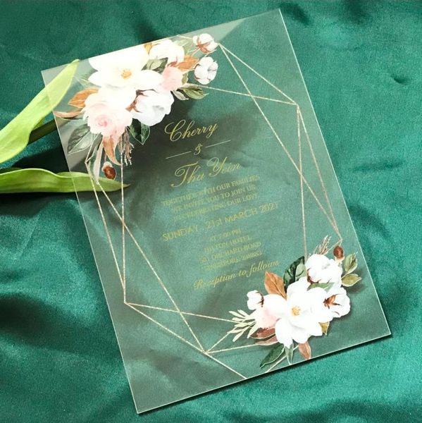 

white rose,peony,flowers,10pcs acrylic wedding invitation,greenery leaves,printed pocket envelopes,acrylic invitations cards greeting