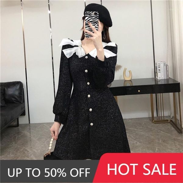 

vintage black dress autumn ladies long sleeves a-line short mini women fairy tulle bowtie collar goth birthday casual dresses, Black;gray