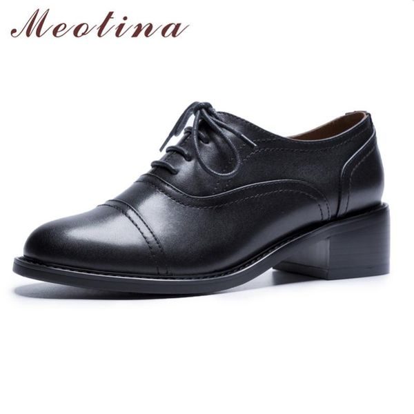 

dress shoes meotina high heels women pumps natural genuine leather chunky heel real round toe casual lady size 34-39, Black