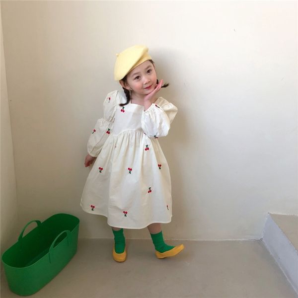 

spring baby girls cherry embroidery lantern sleeve dress korean style kids fashion cute princess dresses 210317, Red;yellow