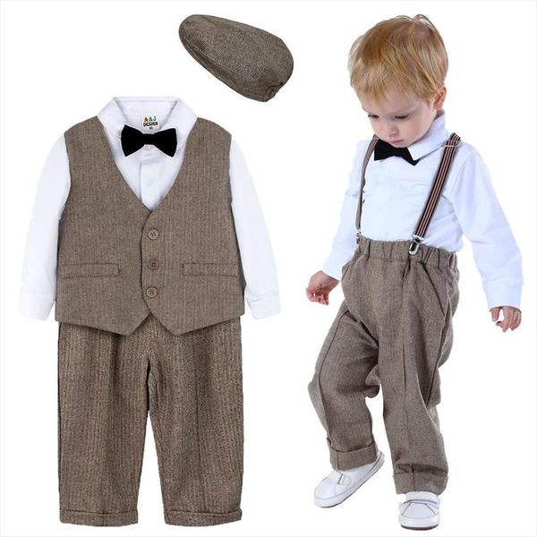

baby suit infant formal outfit newborn gentleman long sleeve overalls toddler birthday wedding party costume 4pcs, Black