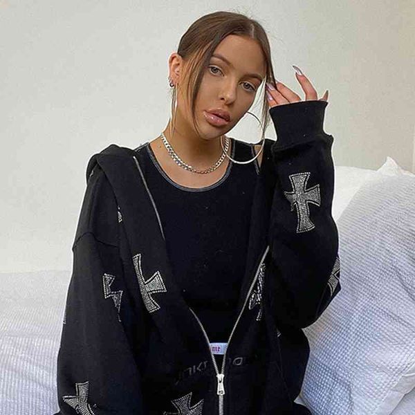 

hoodiesy2k fashion oversized butterfly graphic print zip up hoodies e-girl 90s streetwear diamond grey long jacket spring/autumn, Black