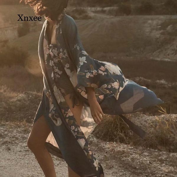 

women's swimwear summer bohemian retro floral print belt ladies v-neck bat sleeve shirt long kimono robe, White;black