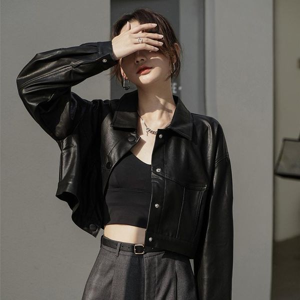 

women's leather & faux autumn coat jacket solid vintage women 2021, Black