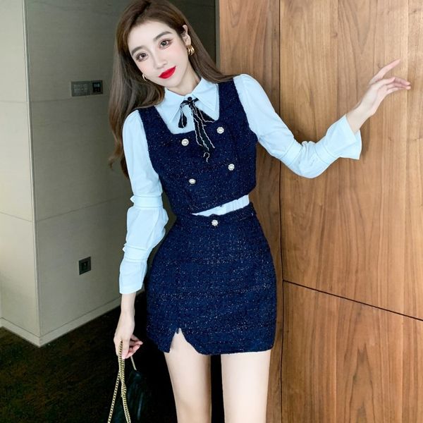 

autumn 3 piece set women sweet white long sleeve shirt + tweed golden double breasted vest crop high waist mini skirt suit 210518