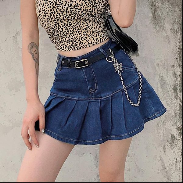 

jmprs jeans summer high waist women skirts pleated fashion zipper mini streetwear bottom skinny blue skirt, Black