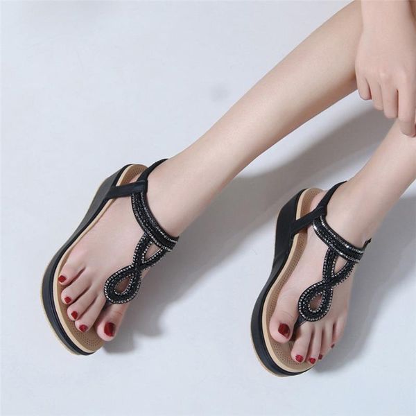 

dress shoes 2021 sandals summer women bohemia flip flops beach t-strap flat fashion casual walking 79#4, Black