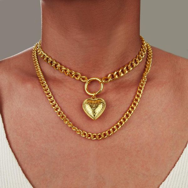 

pendant necklaces cross-border supply of multi-layer neck chain women's personality trend thick short peach heart necklace, Silver