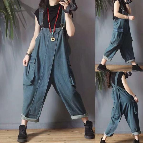 

women's jumpsuits & rompers denim jumpsuit boyfriend streetwear sleeveless loose cowboy wide leg suspender jeans female baggy large siz, Black;white