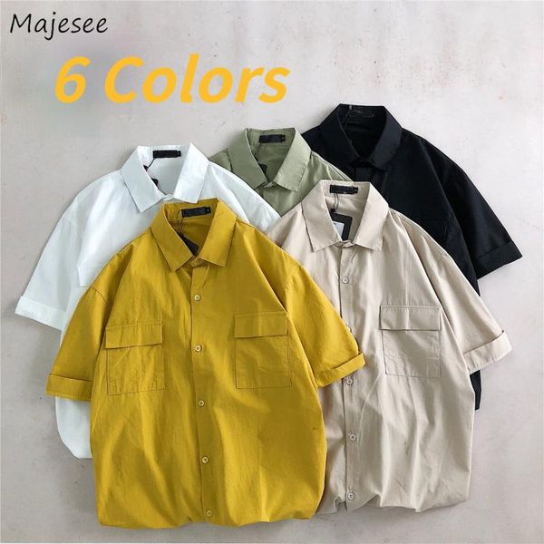 

men's casual shirts men solid turn-down collar safari style minimalist summer mens all-match ulzzang streetwear loose fashion, White;black