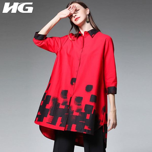 

women's blouses & shirts [hg] spring summer 2021 arrival loose casual fashion turn-down collar three quarter sleeve print match all blo, White