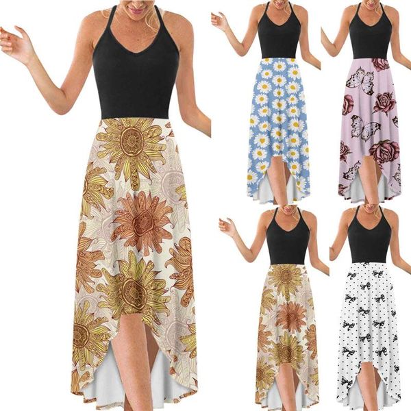 

casual dresses irregular maxi dress women's summer boho floral slit holiday long evening party beach sundress robe, Black;gray