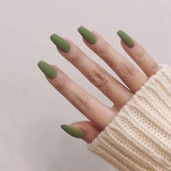 

false nails fake long frosted green wearable nail stickers finished 24 art with glue dl, Red;gold