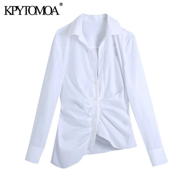 

women fashion draped asymmetry white blouses vintage long sleeve button-up female shirts blusas chic 210420