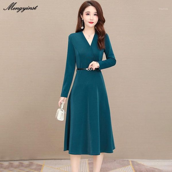 

spring women fashion v-neck collar dress female casual full sleeve hepburn style office lady elegant long party dresses, Black;gray