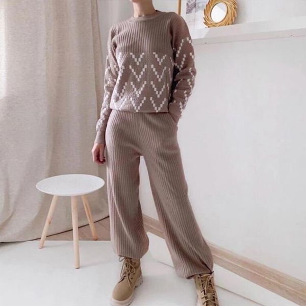 

women's two piece pants casual striped knitted sets women print pullover jumper and lace up suits autumn fashion sweater tracksuits, White