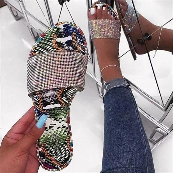 

slippers rhinestone 2021 women fashion wild beach flip flops bright diamond flat bottom outdoor sandals, Black