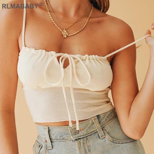 

women's tanks & camis rlmababy bandage bow women cotton crop spaghetti strap backless summer camisole high streetwear ladies casual, White