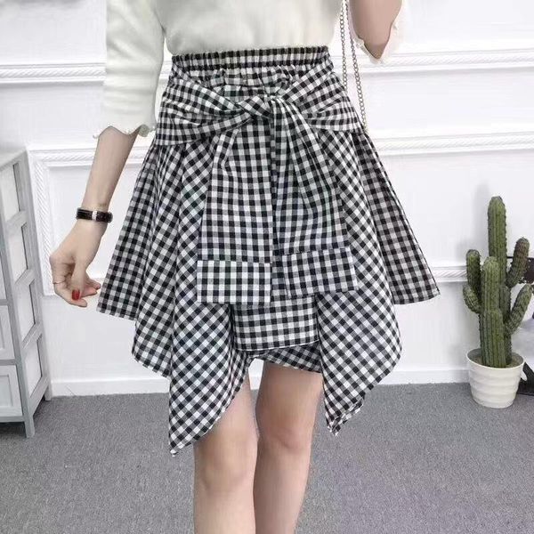 

elastic waist a-line irregular sharp woman skirts casual korean style high-waisted fashion summer plaid skirt, Black