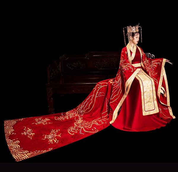 Yüksek Kaliteli Hanfu Resmi Düğün Kostüm Çin Geleneksel Kırmızı Elbise Altın Nakış Hanfu Ziyafet Gelin Damat