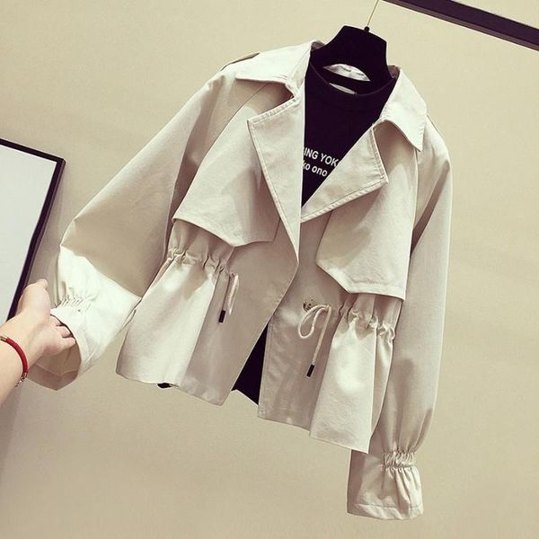 

women's trench coats women short 2021 spring casual coat with sashes oversize double breasted vintage cloak overcoats windbreaker, Tan;black