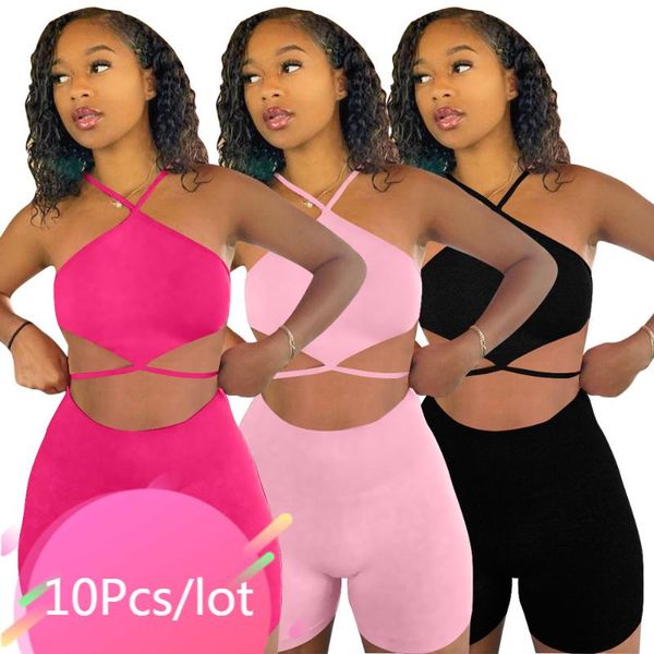 

women's tracksuits bulk item wholesale lots two pieces set women halter bandage crop biker short backless clubwear matching sets 2, Gray