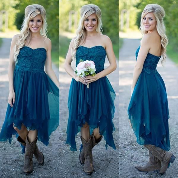 Land Brautjungfernkleider 2021 Kurz Heiß Günstig Für Hochzeit Teal Chiffon Strand Spitze High Low Rüschen Party Maid Honor Kleider Unter