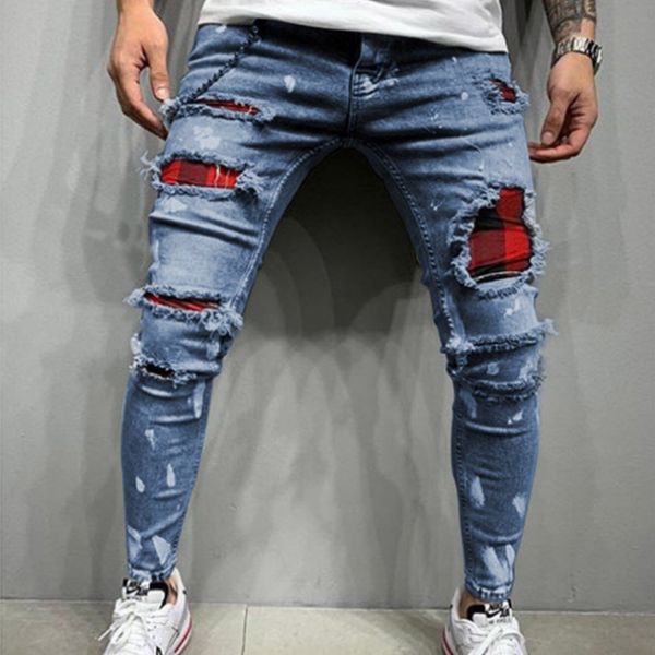 

skinny mens jeans embroidered quilted trouser slim hole pants elastic frame trousers distressed ripped long pant, Blue